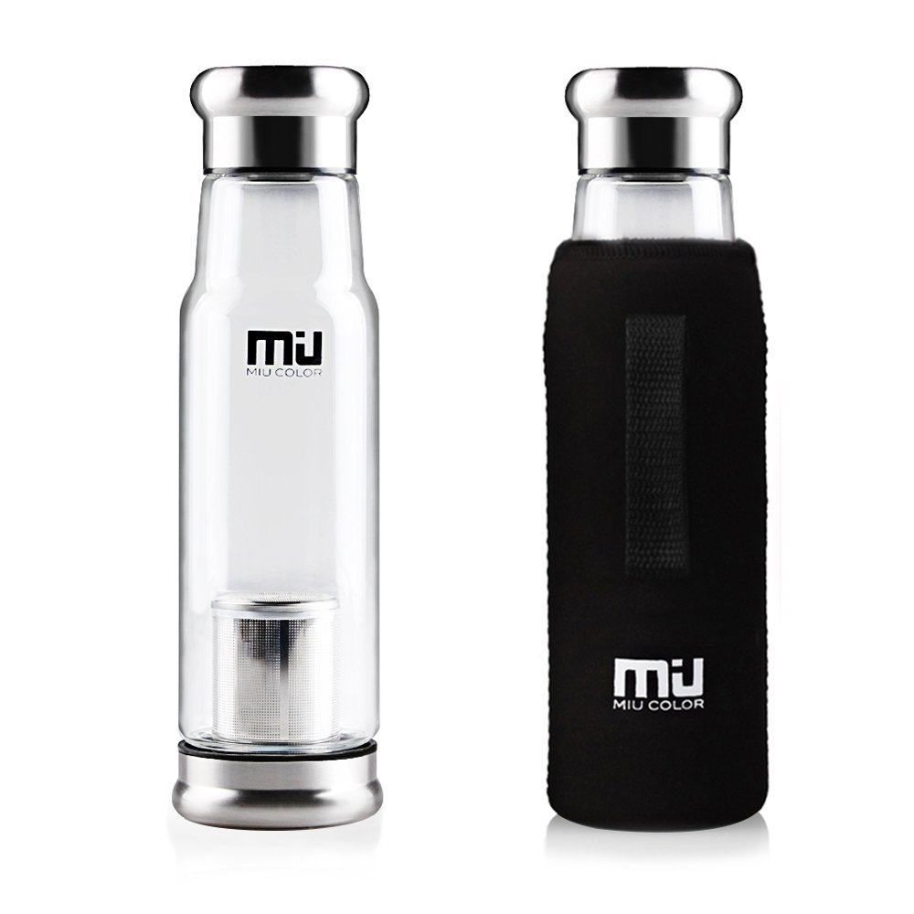 Miu glass tea bottle with built in infuser and nylon sleeve